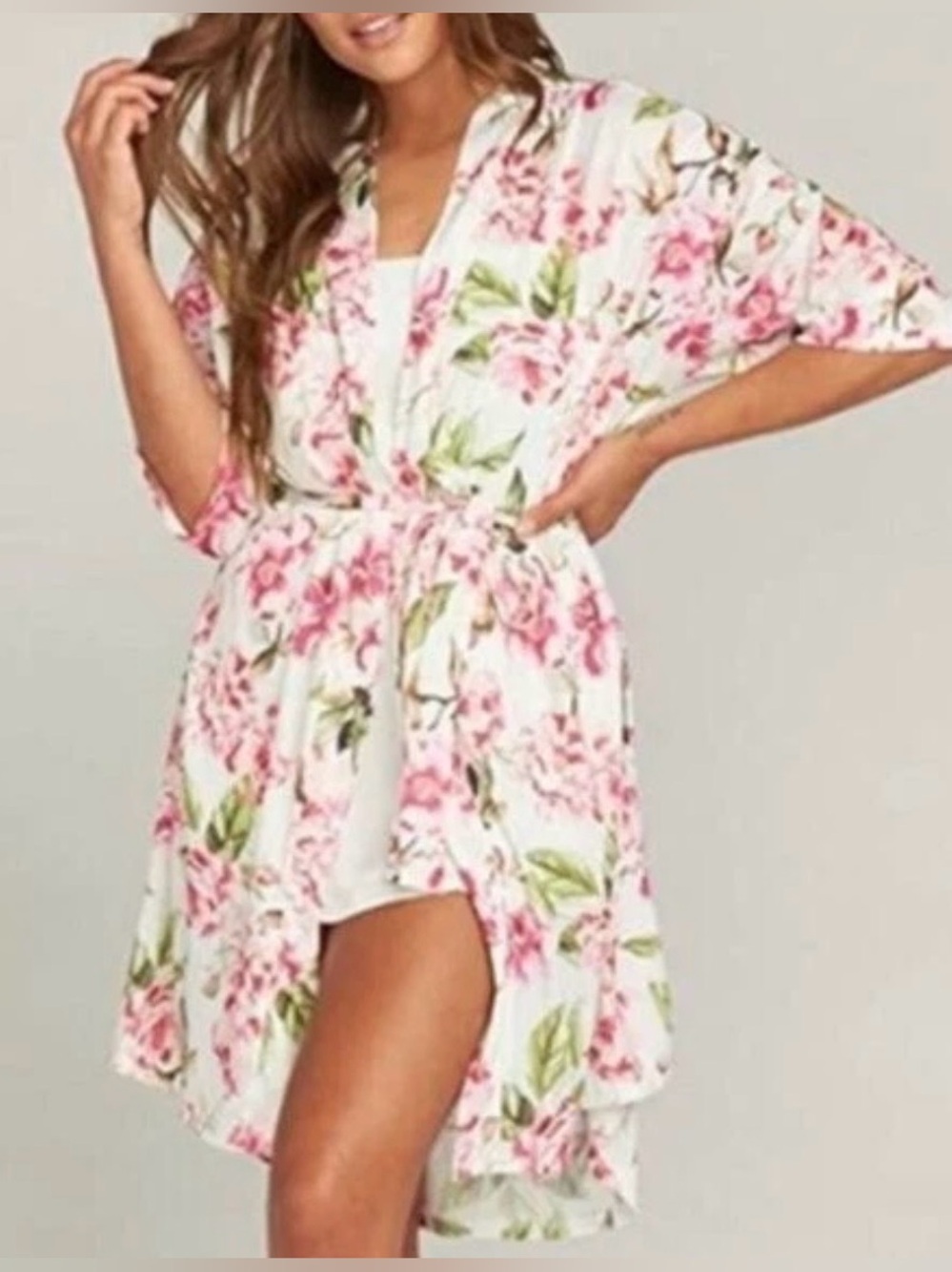 Show Me Your MuMu womens robe kimono one size fits all floral tie waist white - Picture 2 of 6